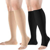 A pair of medical grade compression socks, one beige and one black, shown on a person's legs.