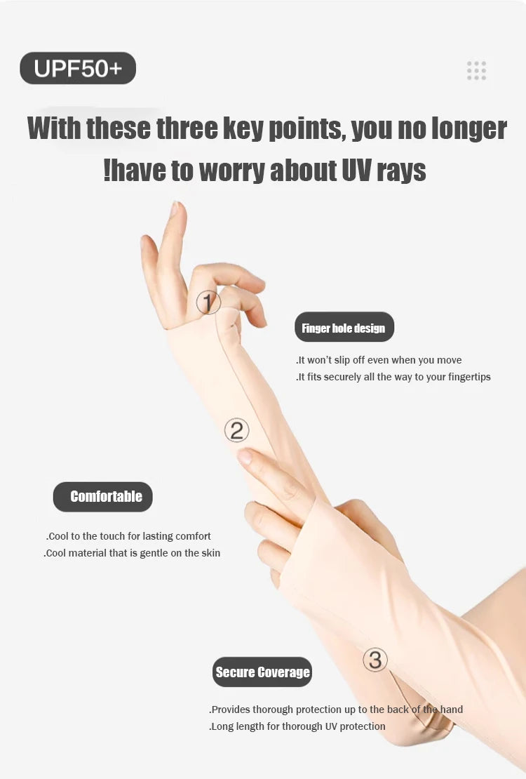A hand wearing a light pink ice silk arm sleeve demonstrating its fit and comfort for UV protection.