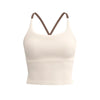 A beige supportive women's sports bra with a V-neck design.