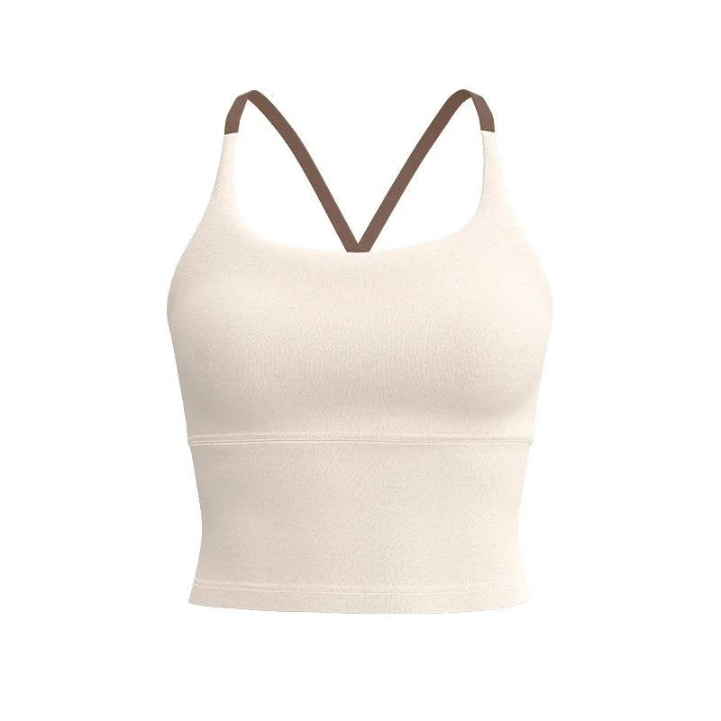 A beige supportive women's sports bra with a V-neck design.