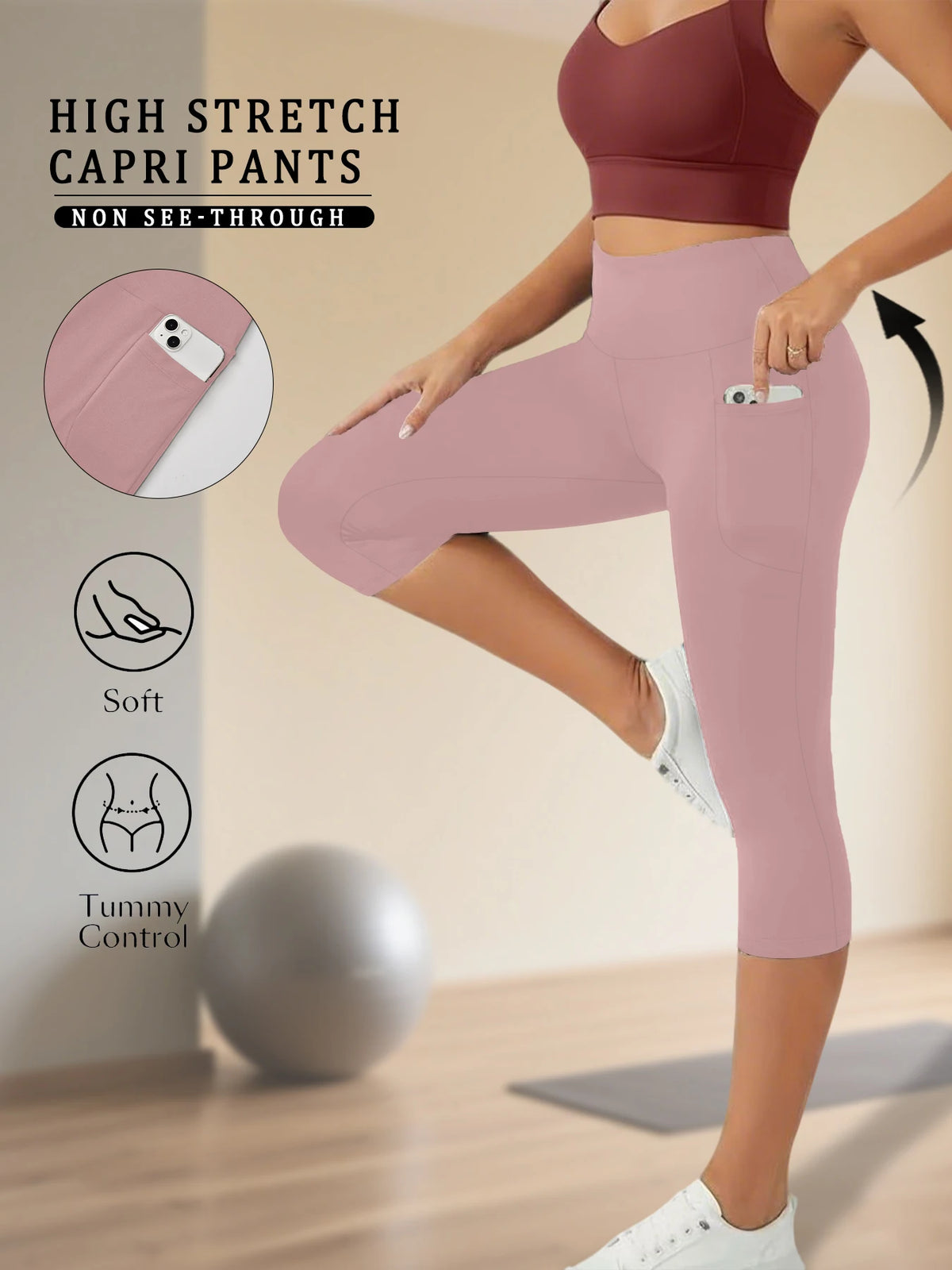 Model trägt hochdehnbare, durchsichtungsfreie pinke Caprihosen mit Taschen und weiße Turnschuhe.