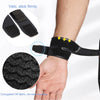 Black corrugated OK fabric wrist support brace shown on a hand, demonstrating its firm grip and texture.