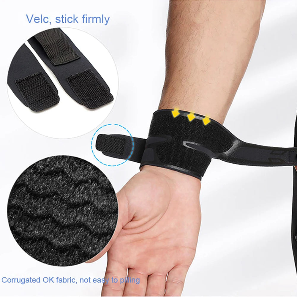 Black corrugated OK fabric wrist support brace shown on a hand, demonstrating its firm grip and texture.