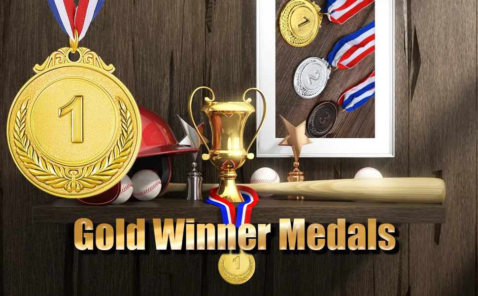 A display of gold, silver, and bronze winner medals with ribbons and a golden trophy on a wooden surface.