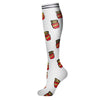 A pair of white compression socks featuring repeating patterns of red and yellow striped straws.