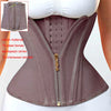 A mauve double compression waist trainer corset body shaper with a zipper and gold hardware.