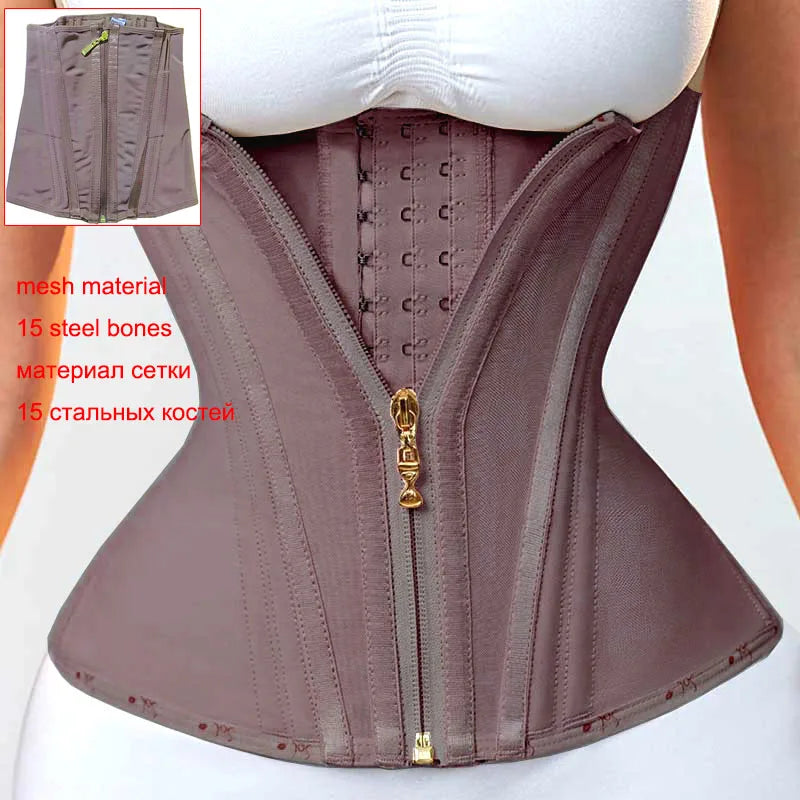 A mauve double compression waist trainer corset body shaper with a zipper and gold hardware.