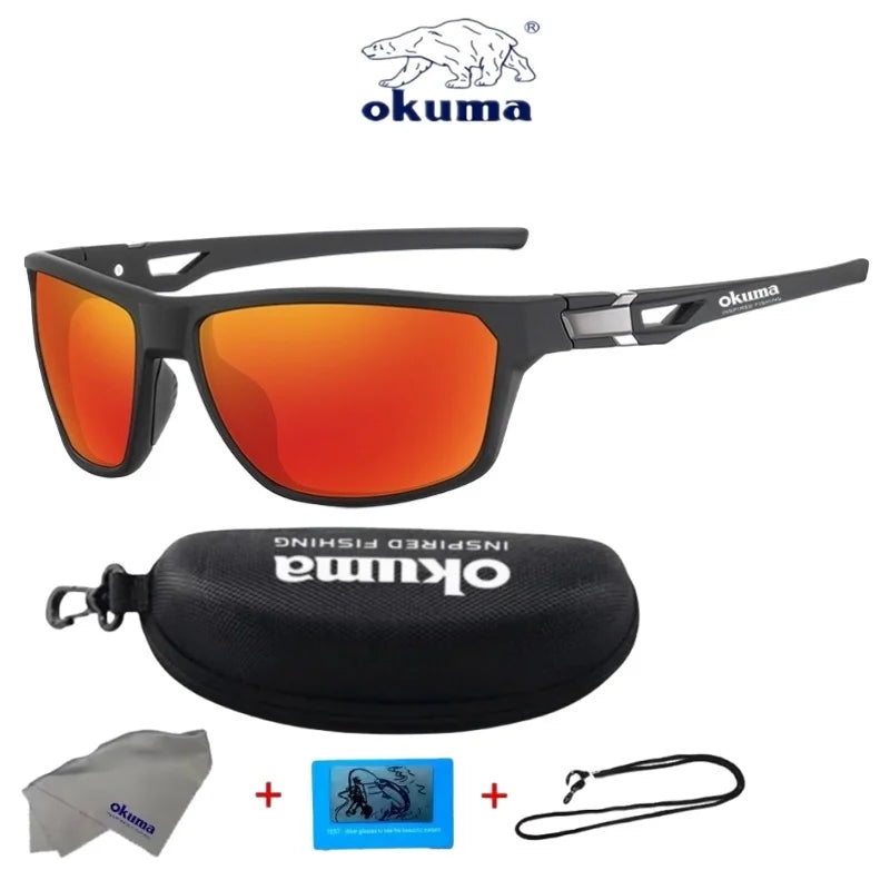Okuma polarized sports sunglasses with orange lenses and a protective case and strap