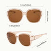 A pair of rose gold wrap-around sunglasses with brown lenses shown in multiple views.