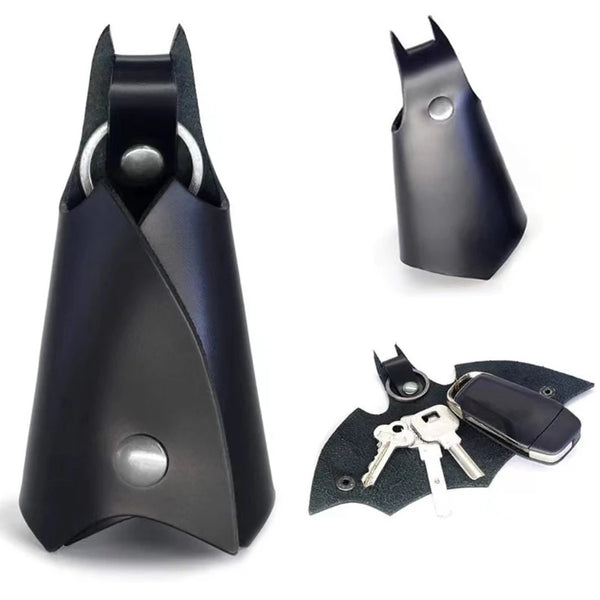 Black leather and alloy bat key chain accessories shown in various forms.