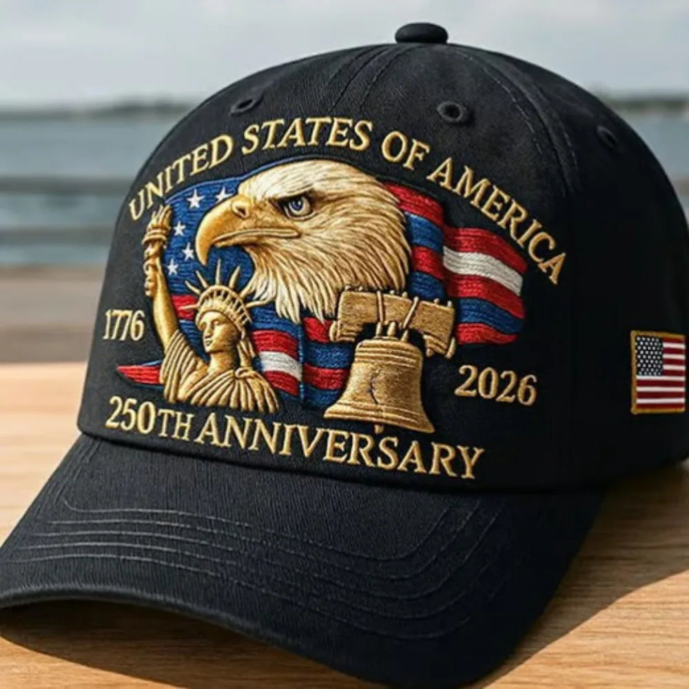 Black adjustable hat embroidered with the United States of America 250th Anniversary design