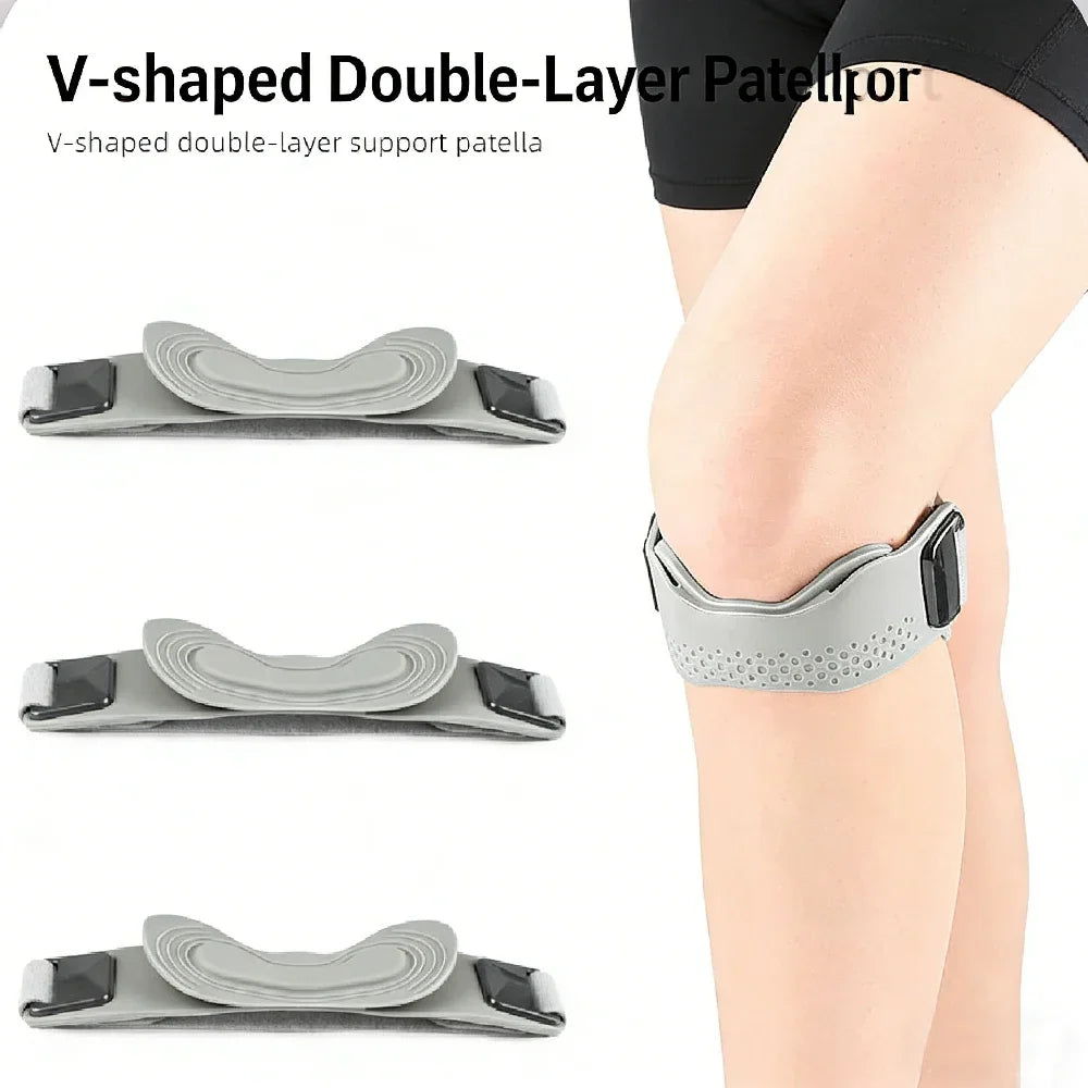 V-shaped double-layer patellor support strap worn on the knee of a person's leg.