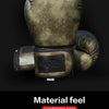A pair of olive green PU leather boxing gloves shown from the top, featuring a comfortable lining.