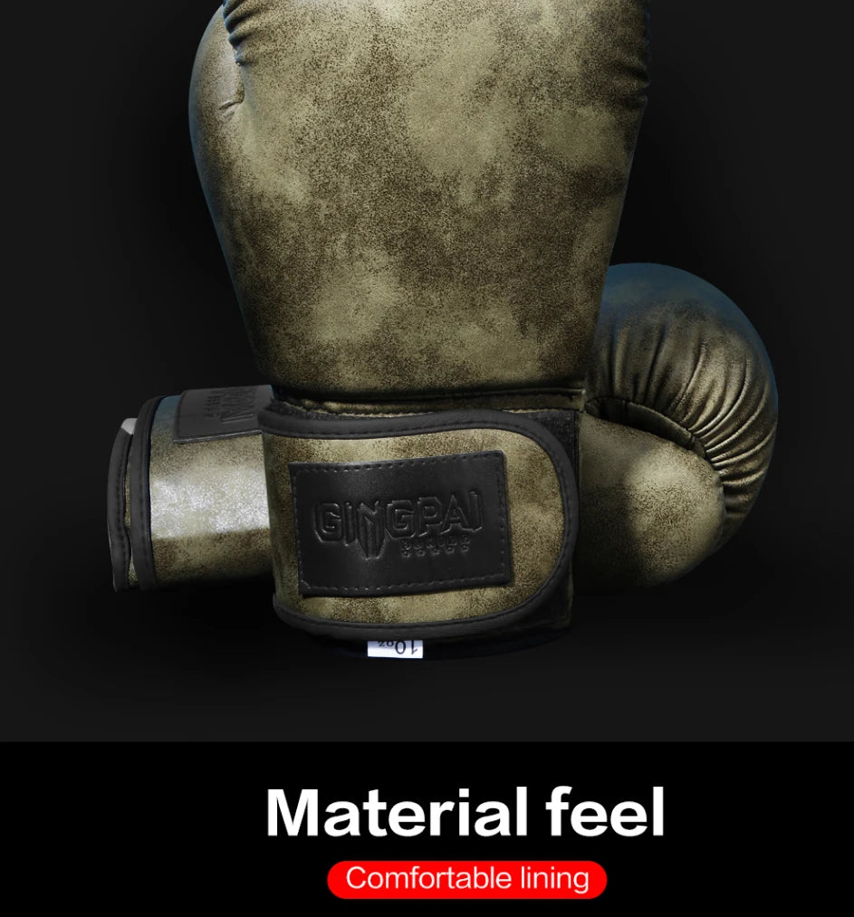 A pair of olive green PU leather boxing gloves shown from the top, featuring a comfortable lining.