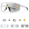 A pair of photochromic sports sunglasses shown in various states of light and darkness.