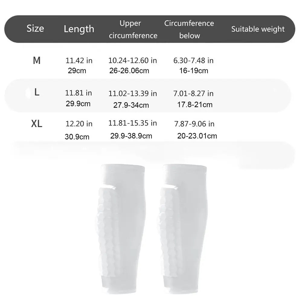 White honeycomb leg guards shown in various sizes M, L, and XL with corresponding measurements.
