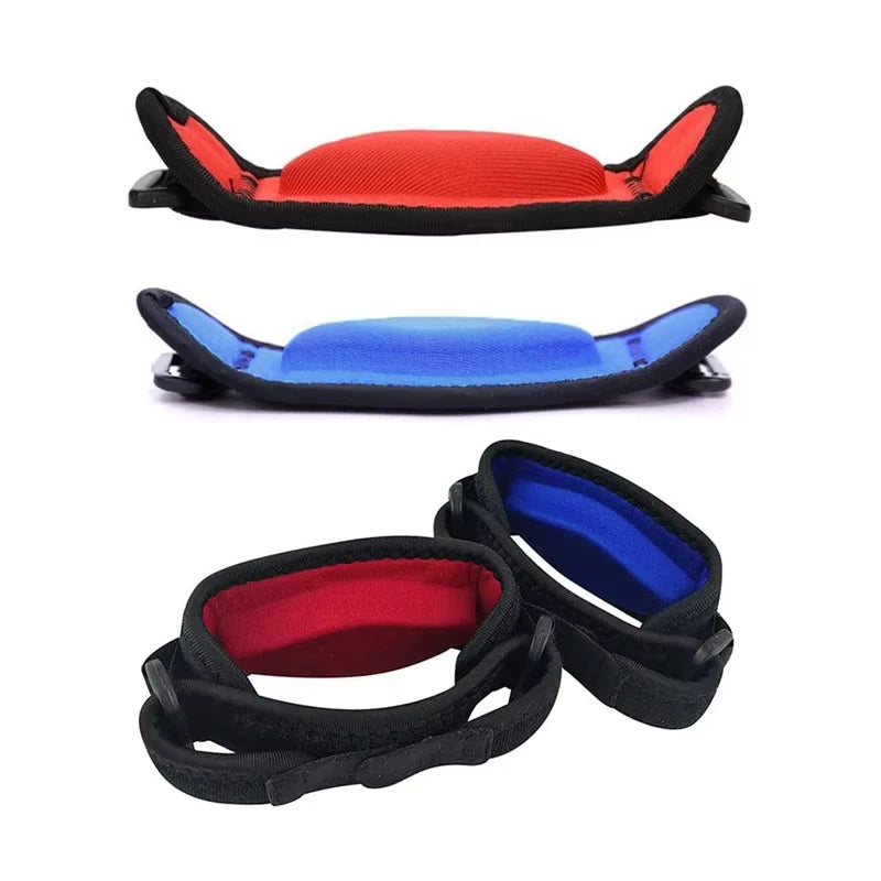 A set of red and blue tennis elbow support braces shown in various forms.