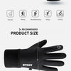 Black thermal fleece touchscreen gloves shown with various outdoor sports icons and a length measurement.