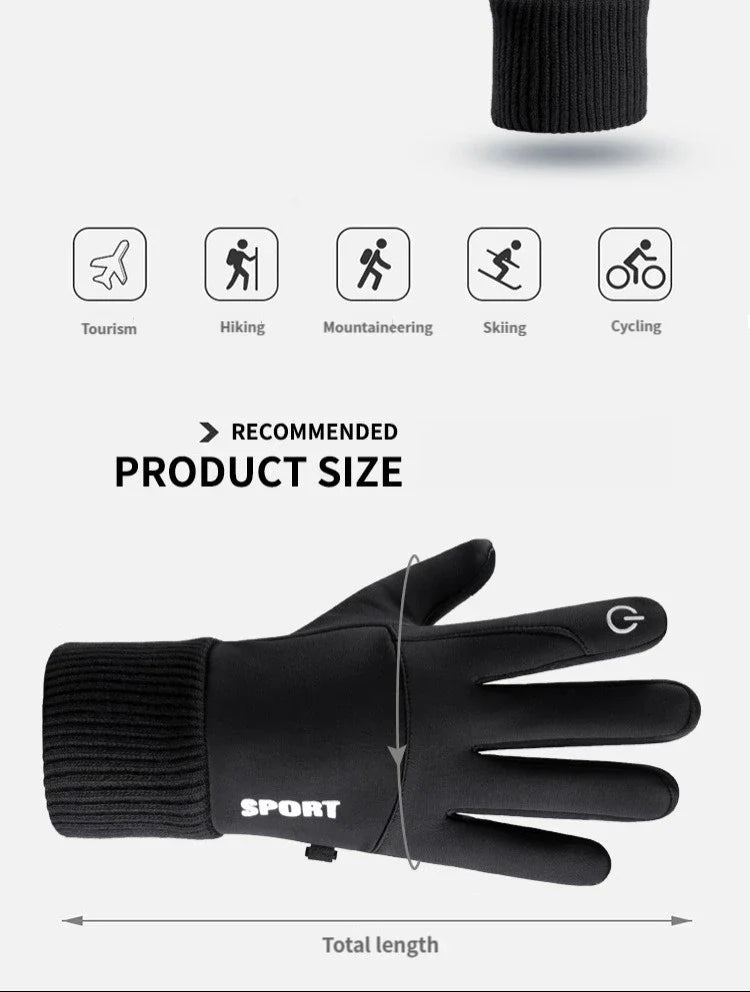 Black thermal fleece touchscreen gloves shown with various outdoor sports icons and a length measurement.