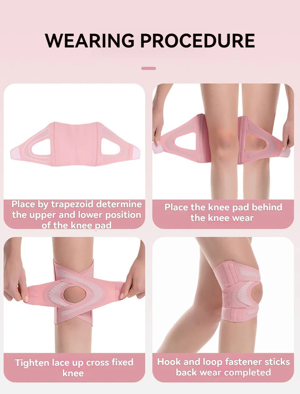 Anweisungen, wie man eine rosa Kompressionskniebandage für Unterstützung trägt.