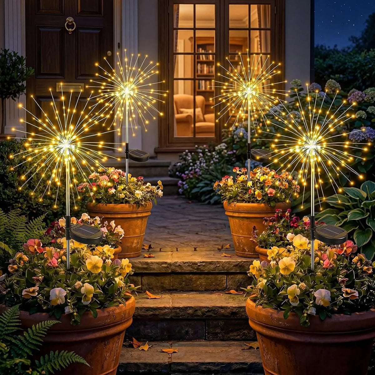 Luces de hadas solares iluminando un camino de piedra de jardín con flores en macetas y fuegos artificiales.