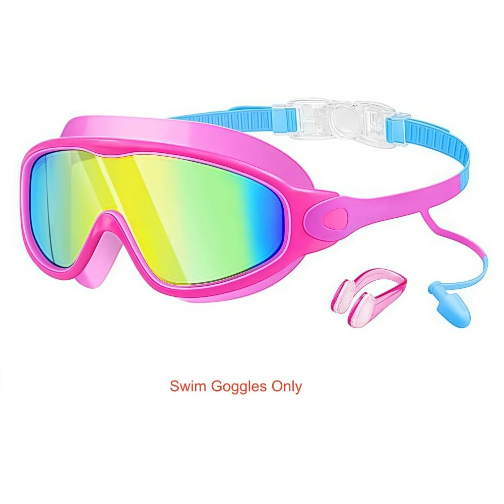Pink swim goggles with a blue strap and nose clips and earplugs