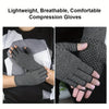 A pair of gray compression gloves being worn on a hand, demonstrating their lightweight and breathable features.