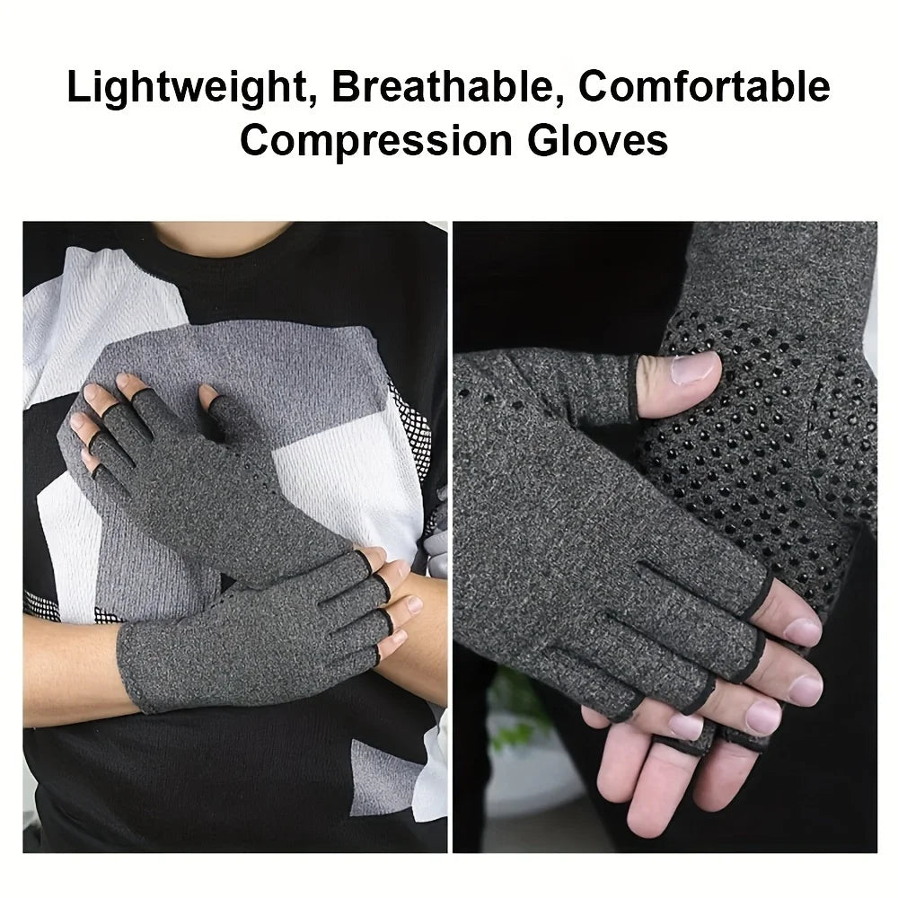 A pair of gray compression gloves being worn on a hand, demonstrating their lightweight and breathable features.