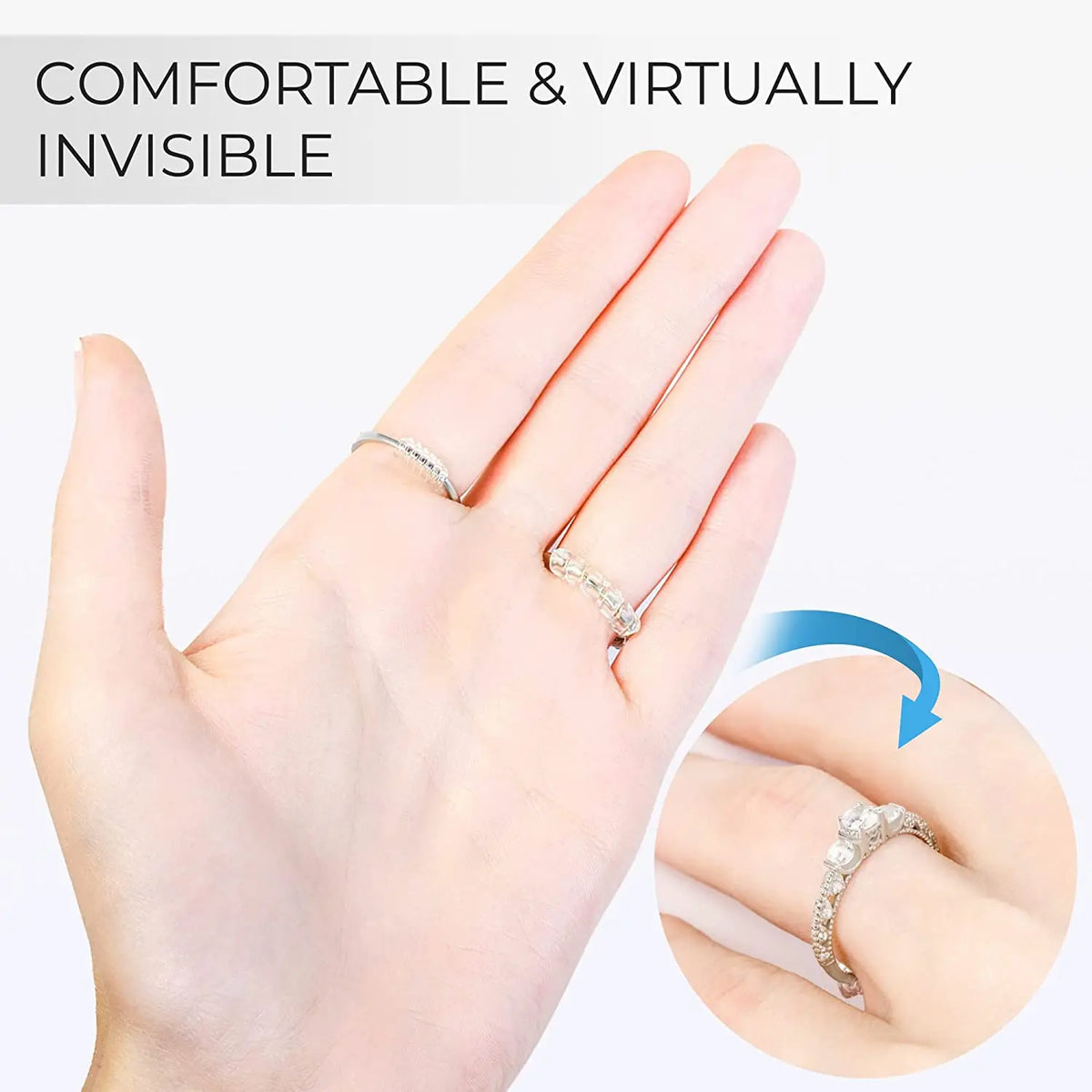 A hand wearing a delicate diamond ring, demonstrating the invisible ring sizer tools.