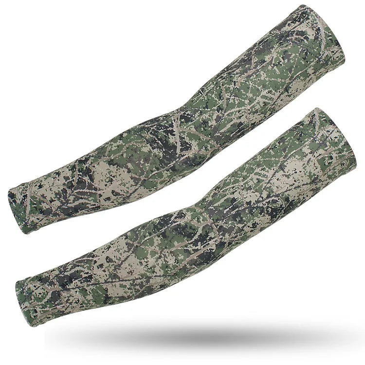 A pair of tactical camouflage arm sleeves designed for UV protection.