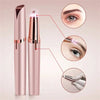 A pink automatic electric eyebrow trimmer and shaper with various usage angles shown.