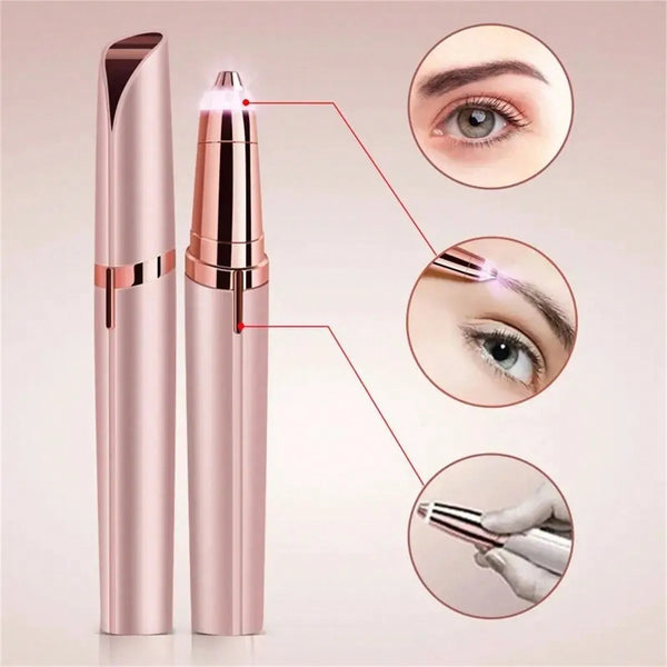 A pink automatic electric eyebrow trimmer and shaper with various usage angles shown.