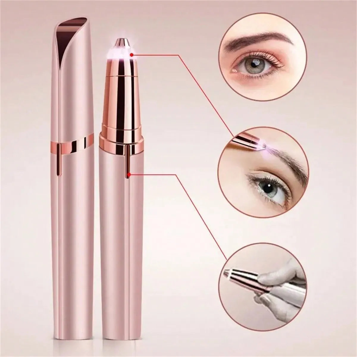 A pink automatic electric eyebrow trimmer and shaper with various usage angles shown.