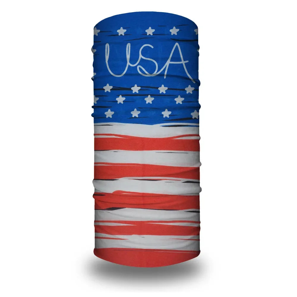 A tube bandana or head wrap featuring the design of the United States flag.