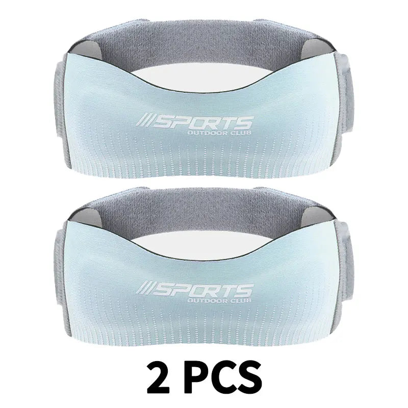 Two light blue and gray adjustable knee straps for tendon support