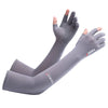 Gray UV protection arm sleeves shown on a hand and forearm.