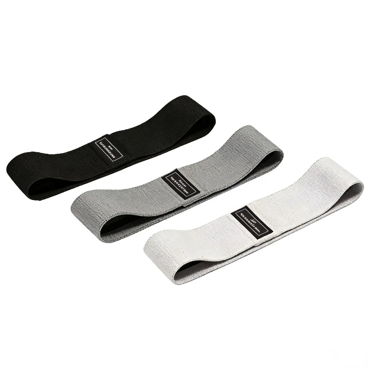 Three fabric resistance bands in black, gray, and white for glute and leg workouts