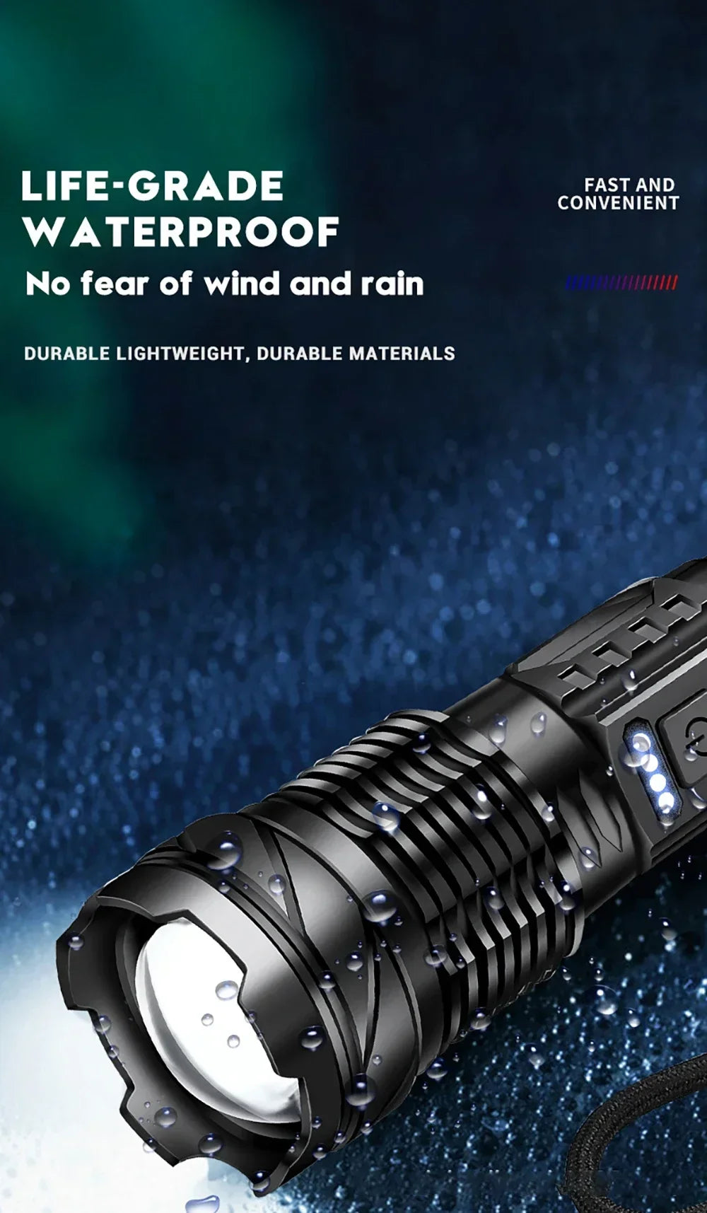 A close-up view of a black tactical LED flashlight with a textured grip and illuminated lens, showing water droplets on the s