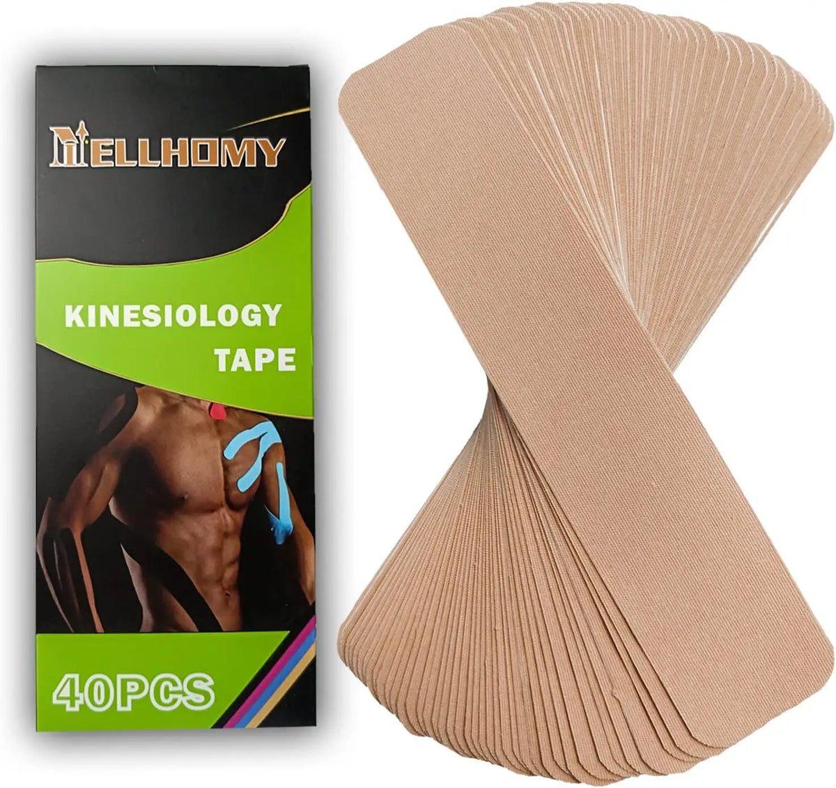 A package of 40 pieces of beige kinesiology tape is shown next to a rolled stack of the same tape.