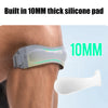 A gray patellar tendon support strap is shown on a person's knee, highlighting its 10MM thick silicone pad.