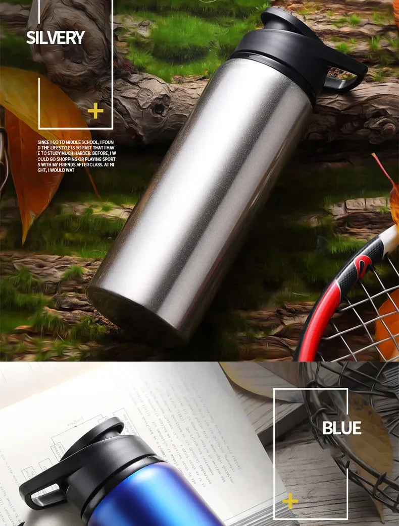A silver leakproof aluminum portable water bottle is shown outdoors on a mossy surface, next to a red and black mesh item.