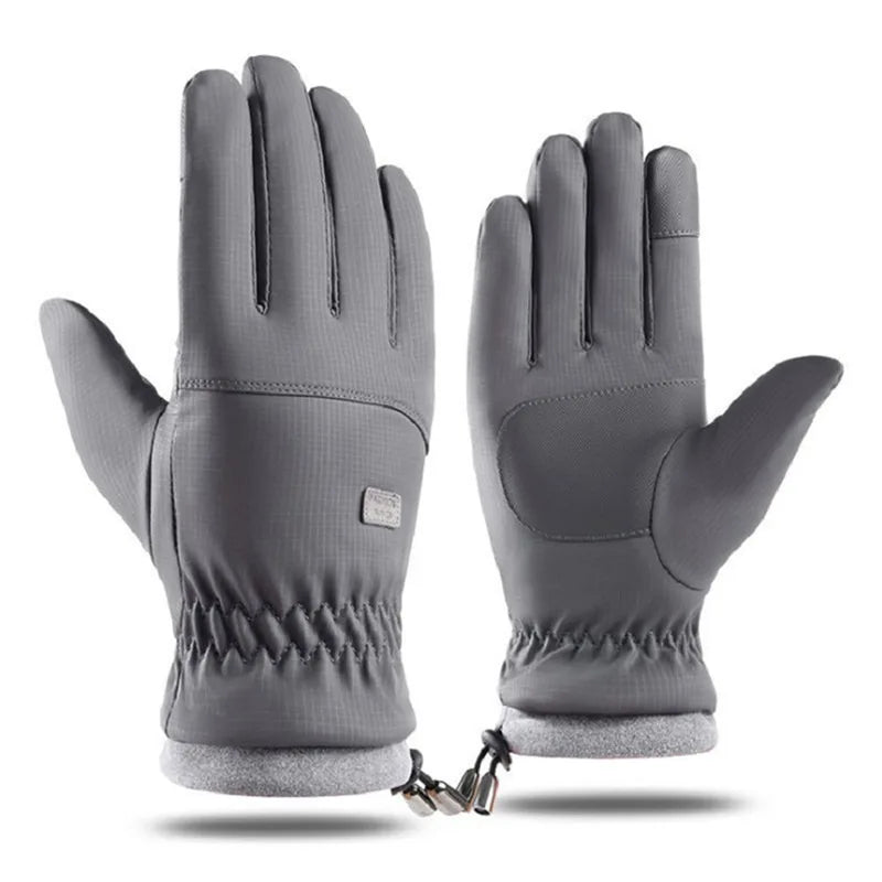 A pair of gray extreme cold-proof ski gloves shown against a white background.
