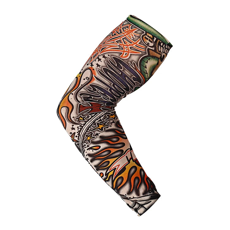 A close-up of a black and orange patterned sun protection breathable arm sleeve worn on an arm.