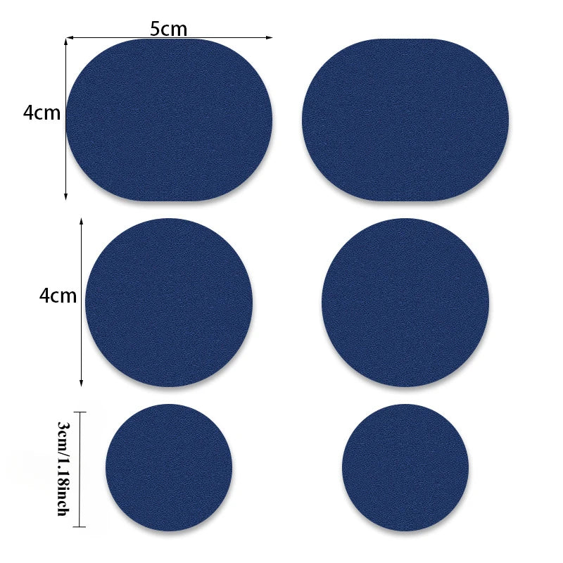 A pack of round, dark blue self-adhesive shoe repair patches with varying diameters.