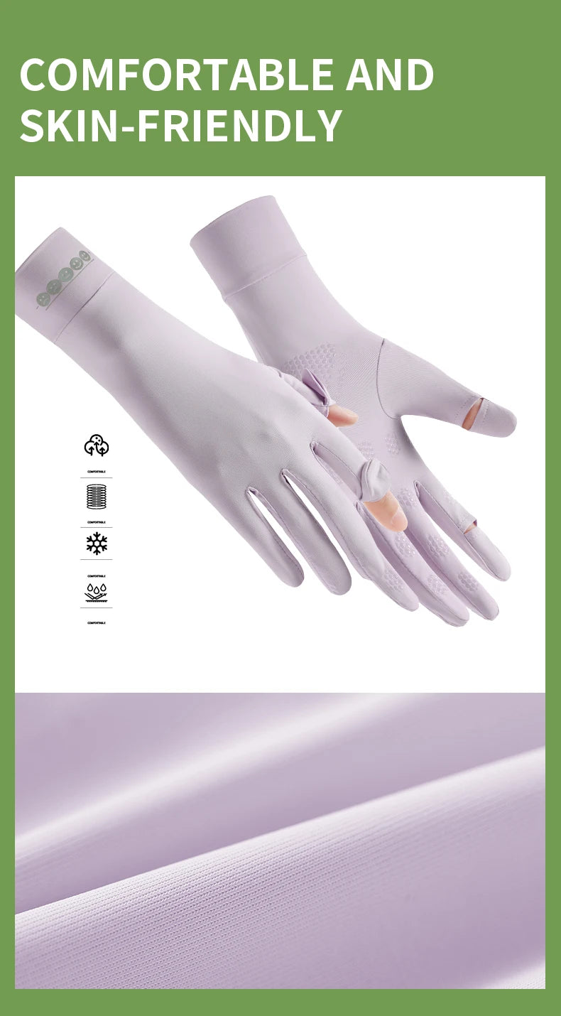 A pair of light purple, skin-friendly driving gloves shown against a green background.