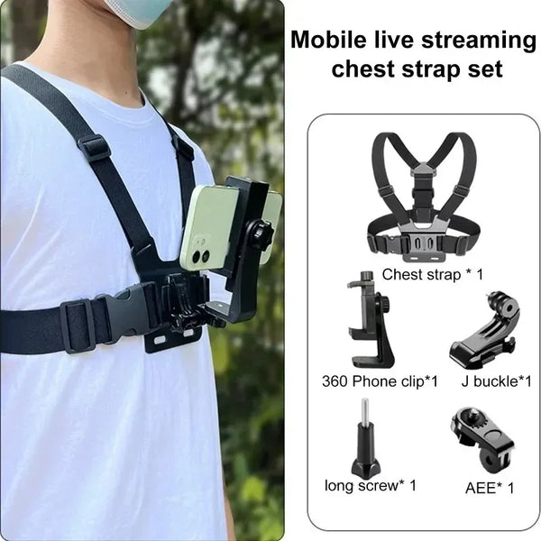 Mobile live streaming chest strap set with phone mount and accessories