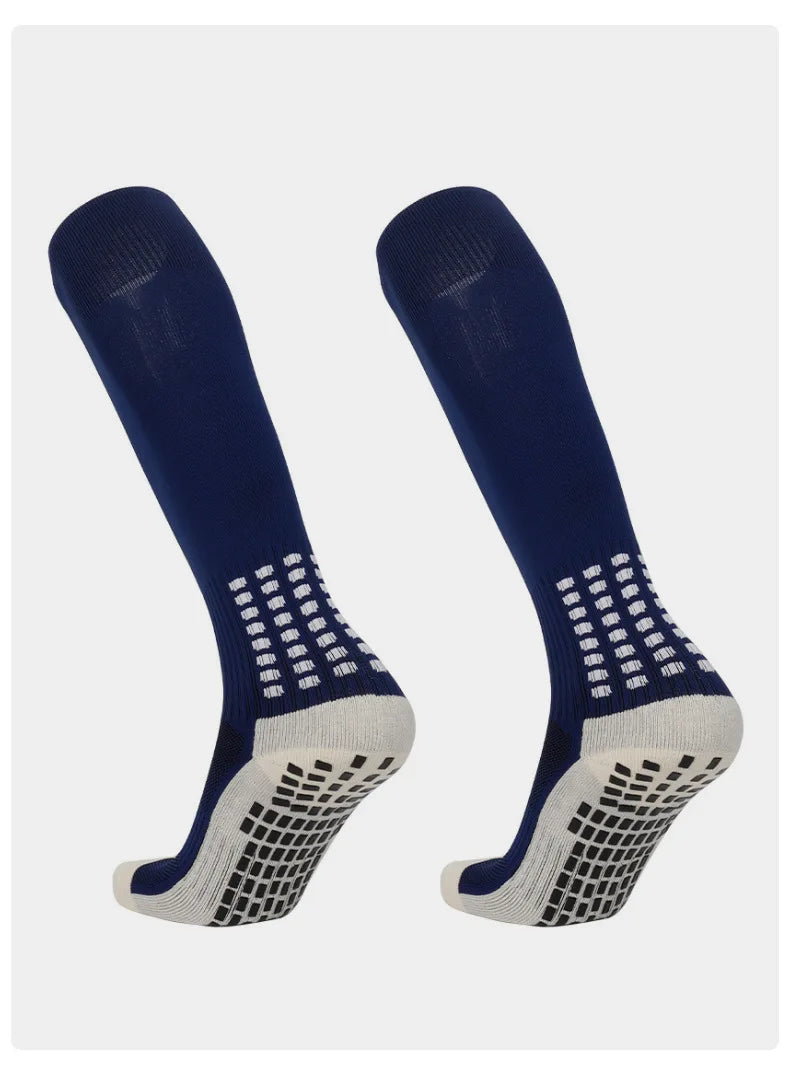 Pair of navy blue and white long football training socks for men
