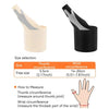 A pair of beige and black orthopedic thumb tendon sheath wrist guards with size selection information.