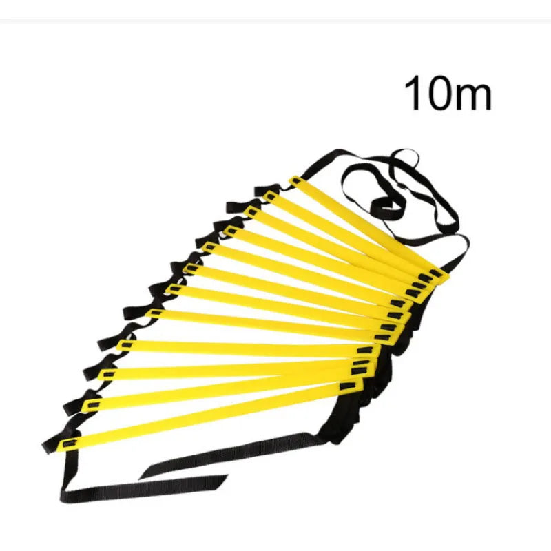 A yellow and black agility ladder with 10-meter markings for sports training.
