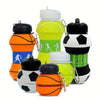 A collection of foldable silicone sports water bottles in various colors including orange, yellow, green, and black.
